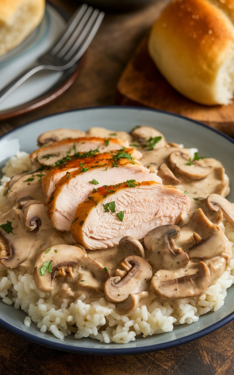 A bowl of chicken and cream of mushroom over rice, garnished with parsley, surrounded by warm bread.